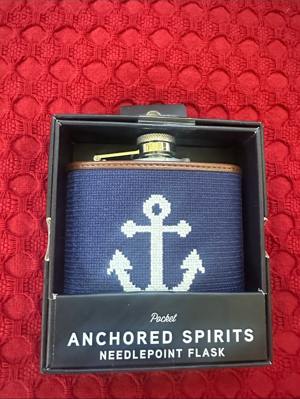 Anchored Spirits Needlepoint Flask - Navy with White Anchor